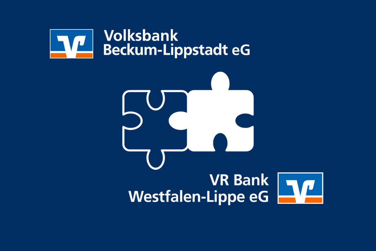 Zwei Puzzle-Teile, die zusammengefügt wurden mit den Namen der fusionierenden Banken Volksbank Beckum-Lippstadt eG und VR Bank Westfalen-Lippe eG