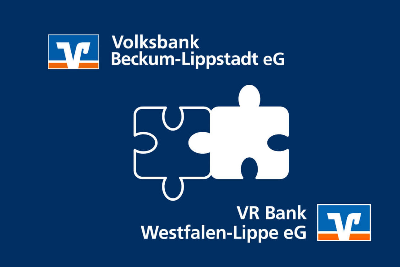 Zwei Puzzle-Teile, die zusammengefügt wurden mit den Namen der fusionierenden Banken Volksbank Beckum-Lippstadt eG und VR Bank Westfalen-Lippe eG