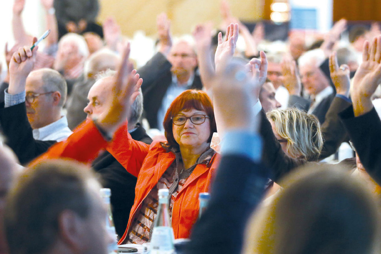Das Bild zeigt eine Menschenmenge, die ihre Hände zur Abstimmung hoch halten.