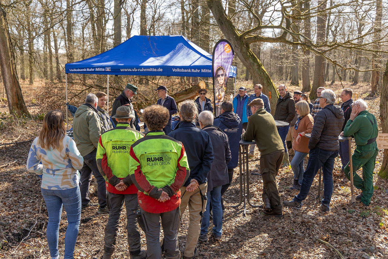 Eine größere Gruppe steht im Wald um einen Stehtisch, vor einem blauen Pavillon mit sichtbarem Branding. Eine Person spricht zu den Anwesenden, während andere aufmerksam zuhören. Der Pavillon ist zwischen Bäumen aufgebaut, und die Veranstaltung wirkt organisiert und strukturiert. Es handelt sich um eine Ansprache im Rahmen der Baumpflanzung der Volksbank Ruhr Mitte am 18.03.2026