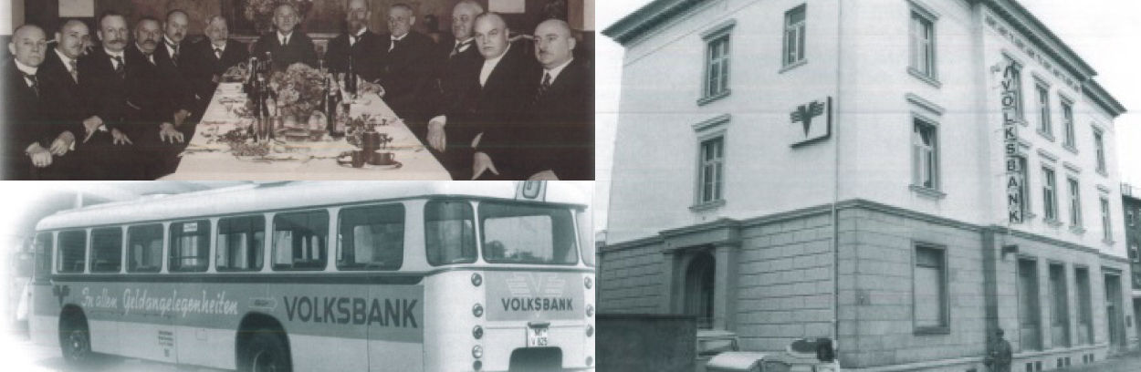Collage mit historischem Banktreffen, Volksbank-Bus und Gebäude der Volksbank Minden