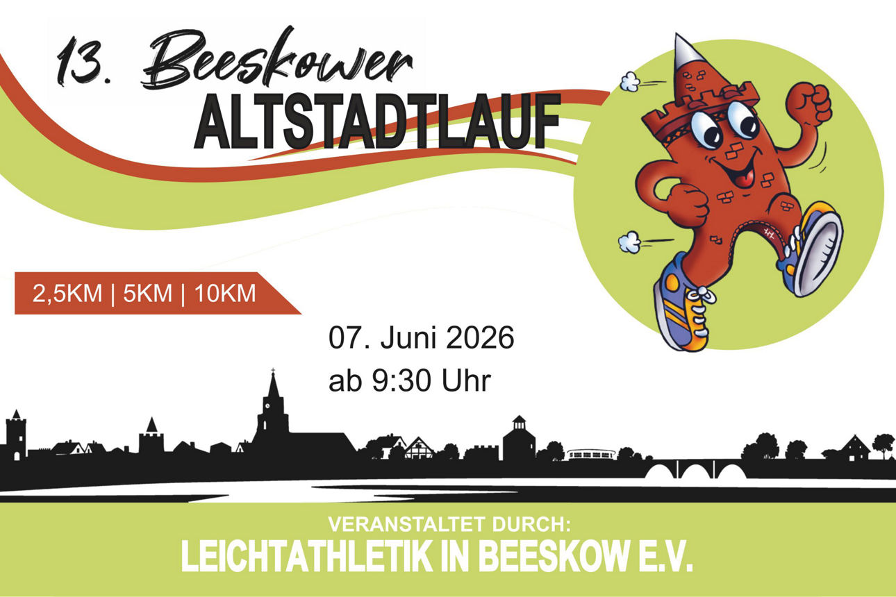 Plakat zum 13. Beeskower Altstadtlauf am 7. Juni 2026 mit Strecken 2,5, 5 und 10 km sowie Laufmaskottchen.