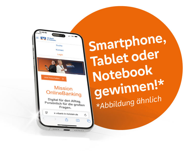Smartphone mit Gewinnspielhinweis: Smartphone, Tablet oder Notebook gewinnen!