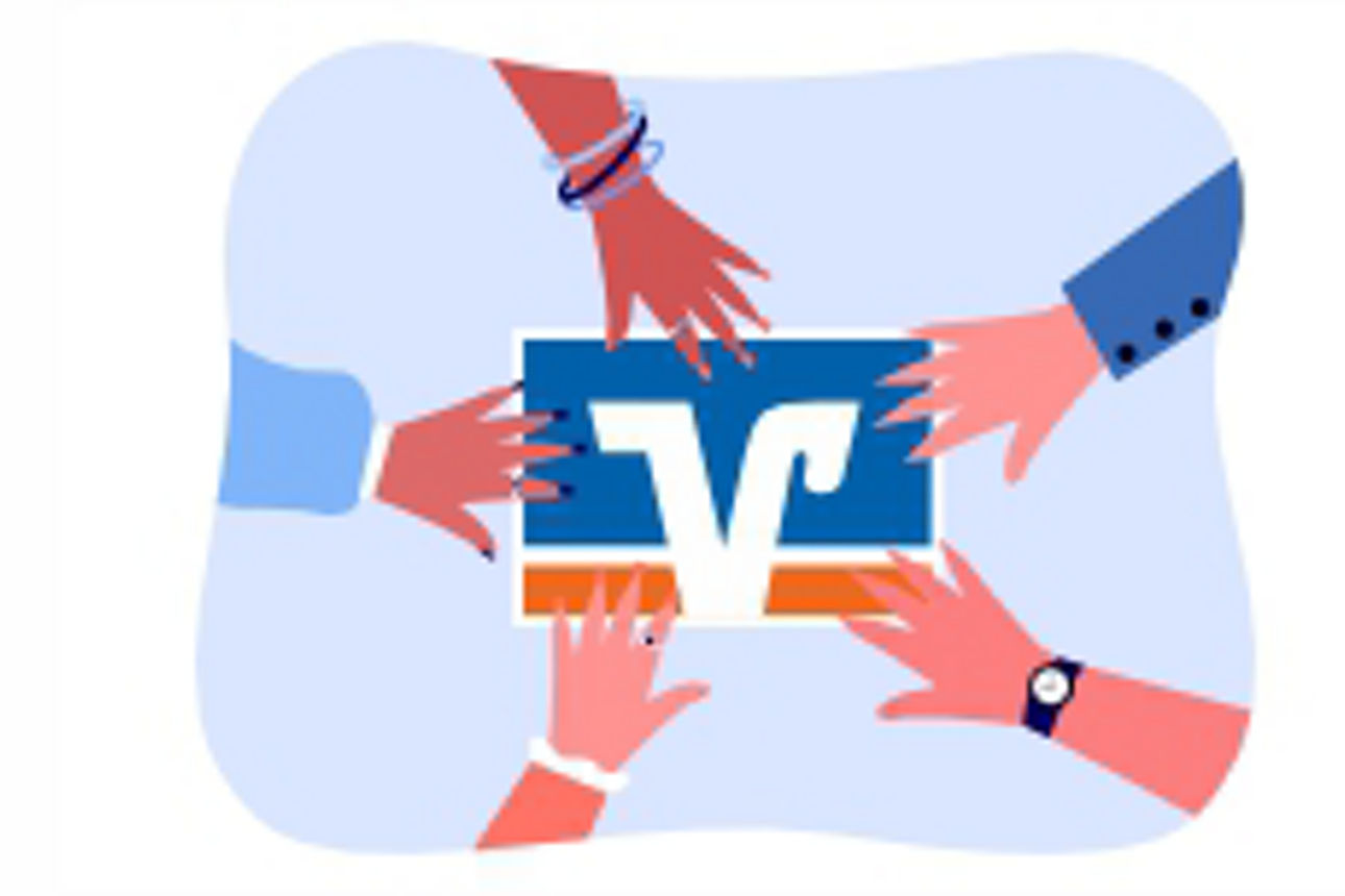 Zeichnung mehrer Hände über einem Volksbanken Raifeisenbanken Logo