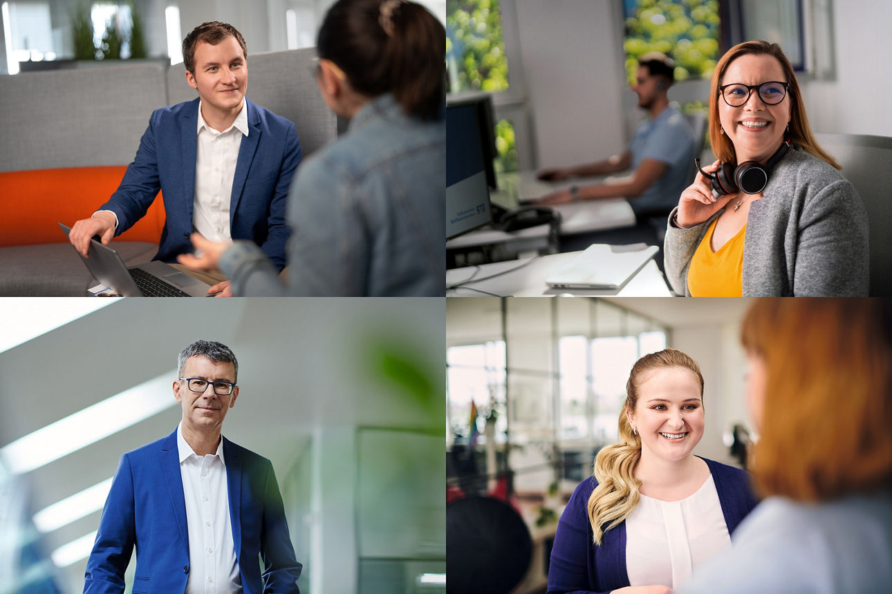 Mitarbeiter - Collage 4 verschiedener Bilder von Mitarbeiterinnen und Mitarbeitern in einer Bank