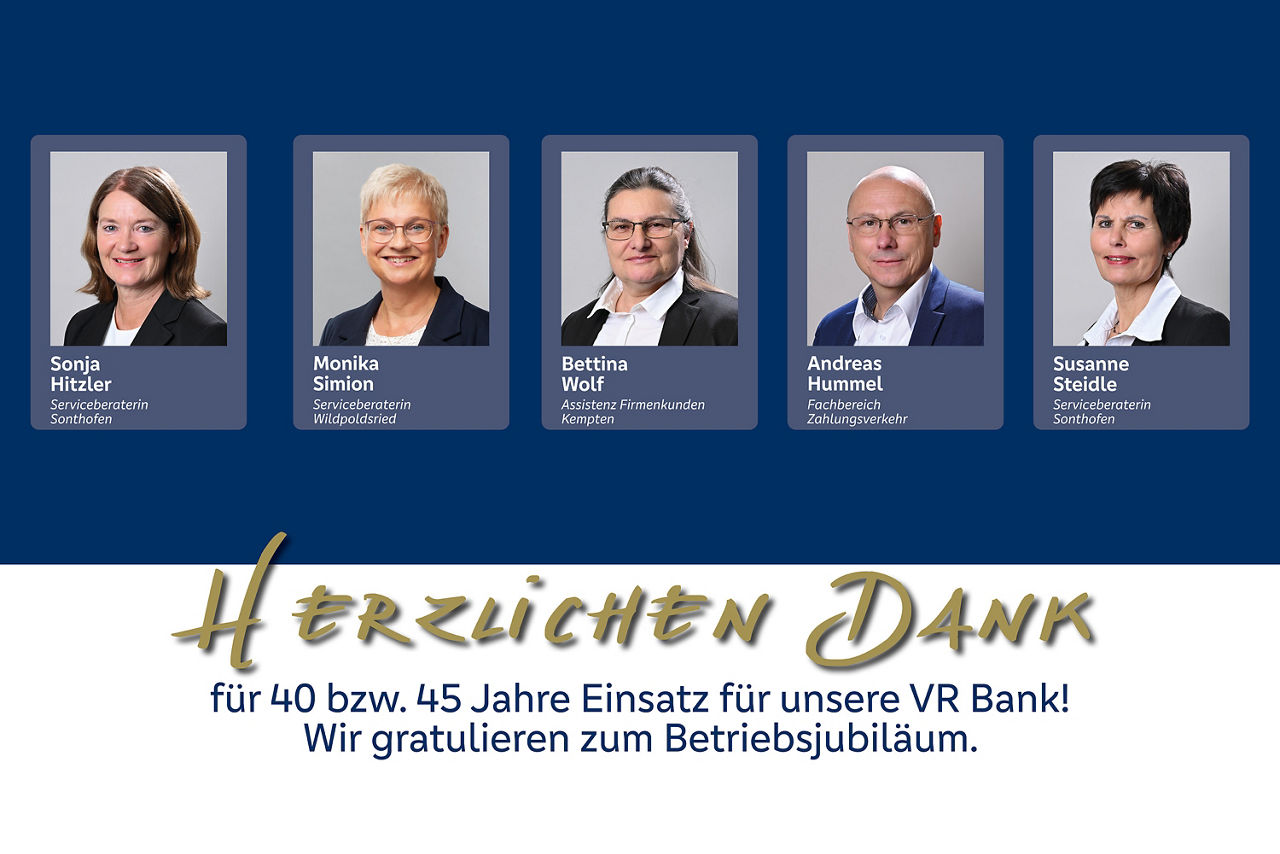 Mitarbeiterjubiläum 2025 - Portraitfotos von 4 Frauen und einem Mann auf blauem Hintergrund mit Beschreibungstext