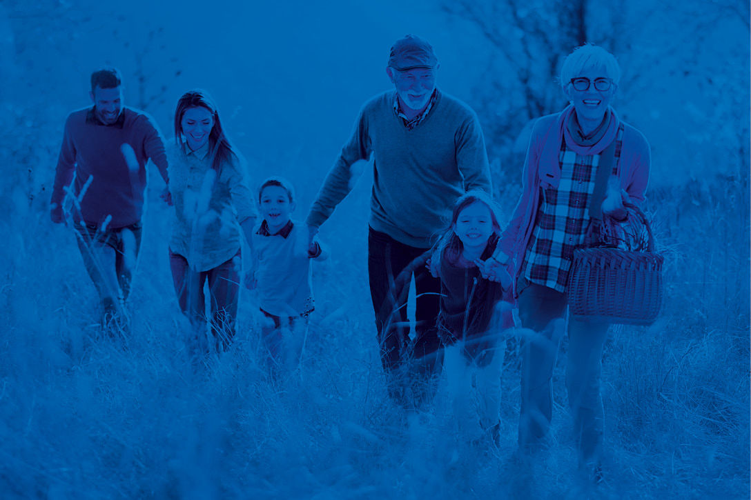 Eine Familie geht über eine Wiese und hält sich an den Händen