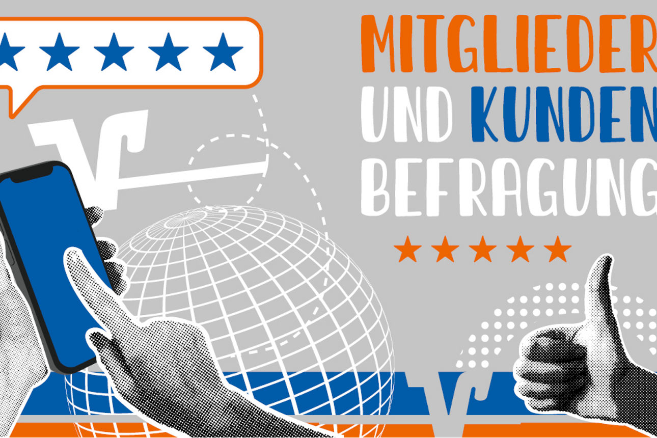 Grafische Darstellung der Mitgliederbefragung "Daumen hoch" Daumen runter" "Fünf Sterne" Handy