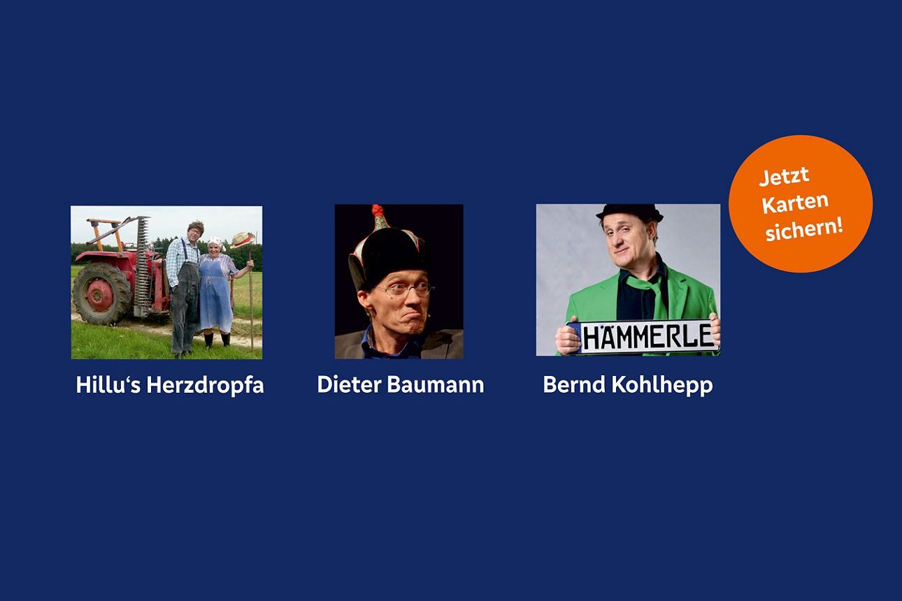 drei verschiedene Fotos der Personen Hillu's Herzdopfa, Dieter Baumann und Bernd Kohlhepp, Text Jetzt Karten sichern