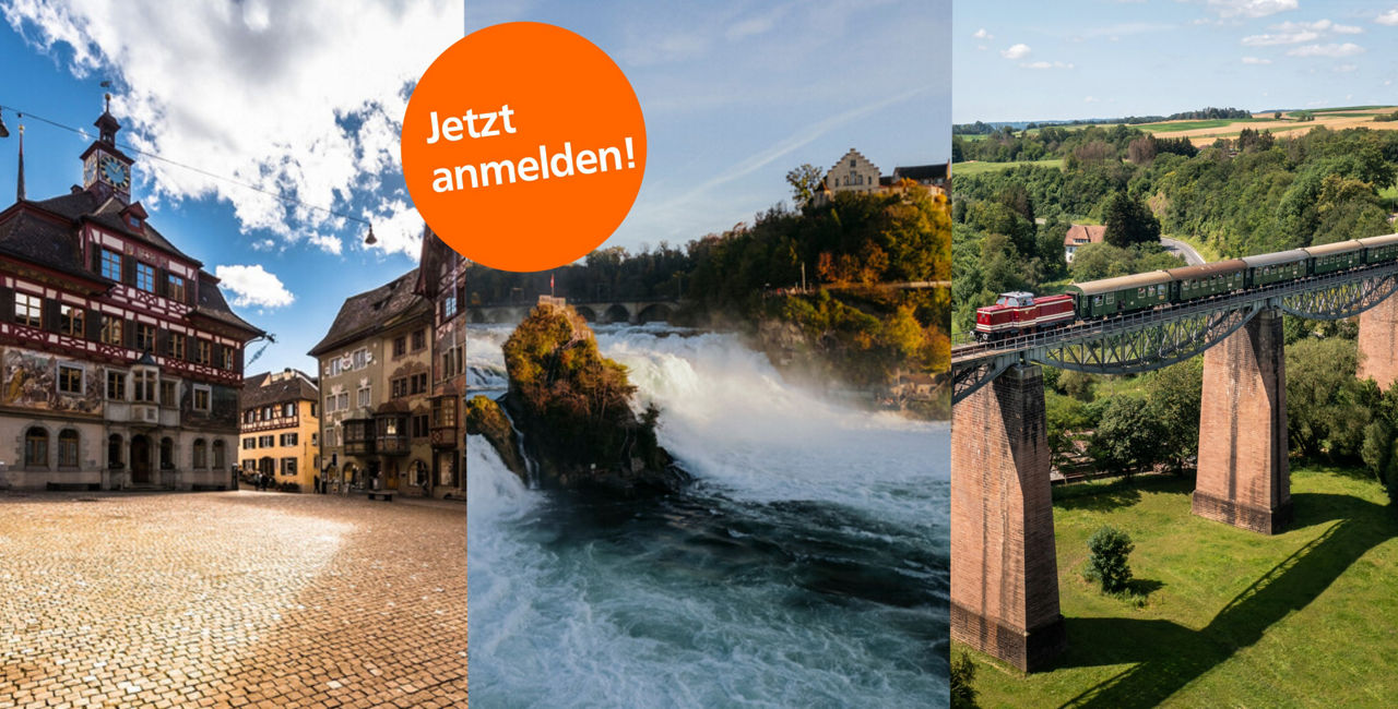Das Bild zeigt drei Orte, die Sauschwänzlebahn, den Rheinfall und Stein am Rhein.