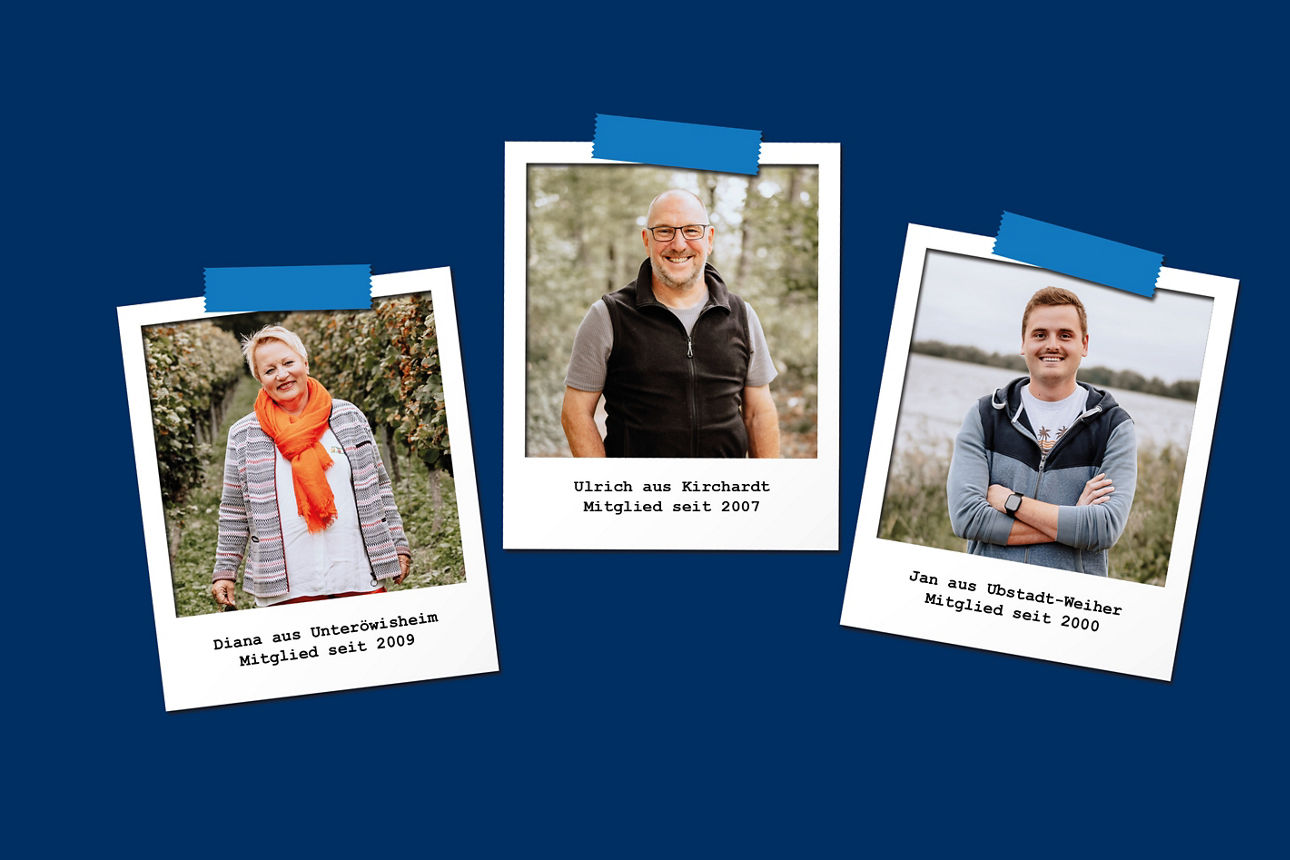 Drei Polaroidbilder unserer Mitglieder auf blauem Hintergrund: Diana aus Unteröwisheim, Mitglied seit 2009, Ulrich aus Kirchhardt, Mitglied seit 2007 und Jan aus Ubstadt-Weiher, Mitglied seit 2000.
