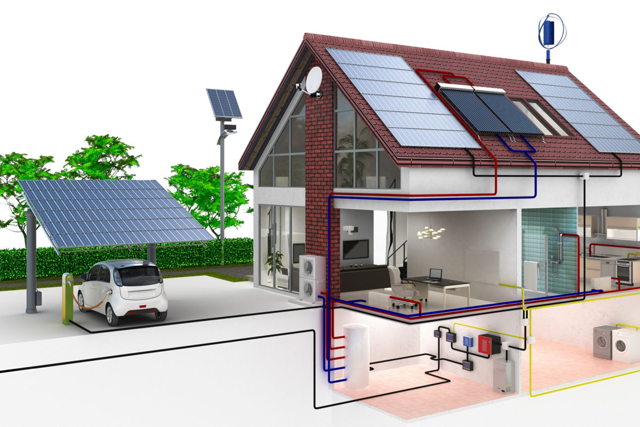 Abbildung eines PV-Carports mit Elektroauto, eines Haus mit PV-Anlage, Solarthermie und Wärmepumpe