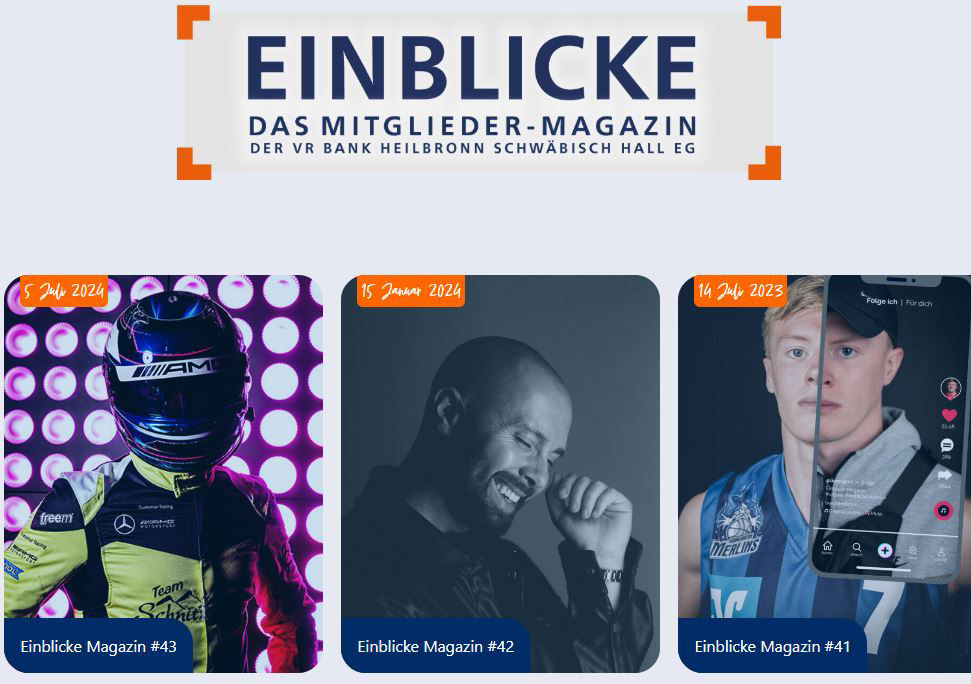 Screenshot von der Seite des Mitgliedermagazins. Überschrift "Einlicke" zu sehen. Darunter werden Beiträge angeteasert.