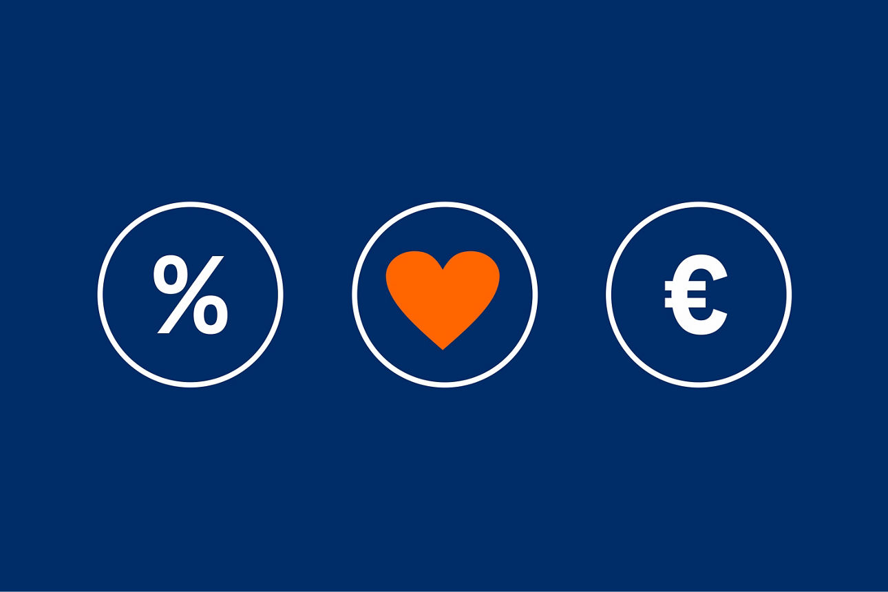 Drei Icons Prozentzeichen, Herz und Euro jeweils im Kreis auf blauem Hintergrund.