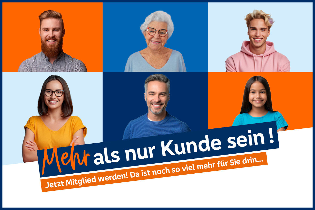 Sechs lachende Menschen stehen vor einer Wand mit dem Schriftzug „Mehr als nur Kunde sein!”