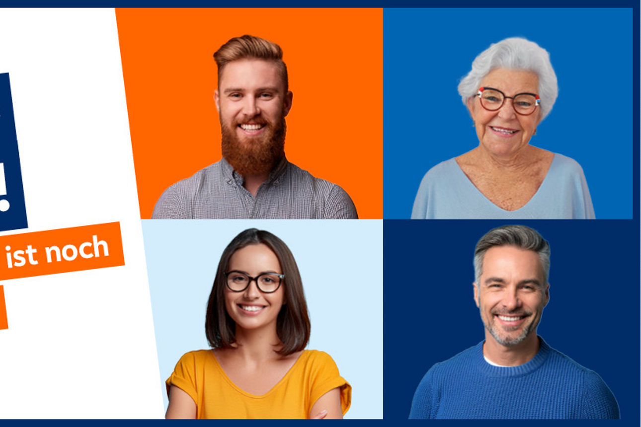 Die Grafik zeigt 4 Personen die in die Kamera lächeln und den Schriftzug "Mehr als nur Kunde sein!"