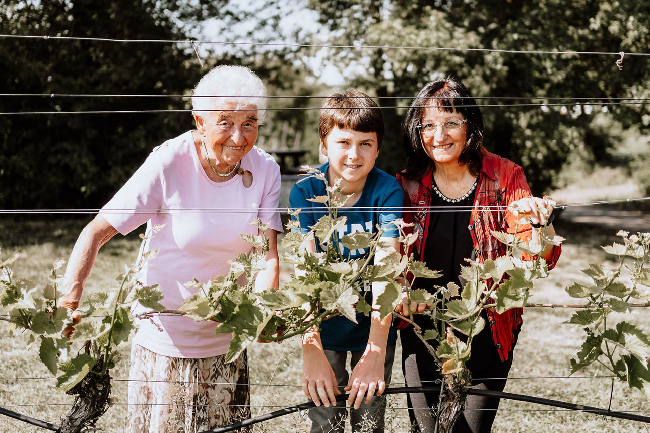 Drei Generationen einer Familie - Oma, Enkelsohn und Mutter - stehen gemeinsam fröhlichen zwischen Weinreben.