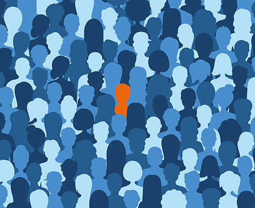 Verschiedene blaue und weiße Silhouetten von Köpfen, eine orangefarbene Silhouette hebt sich deutlich von den anderen ab.
