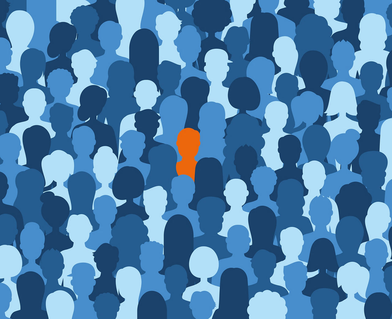 alt="Illustration mit vielen blauen Menschensilhouetten, eine orange Figur sticht in der Mitte hervor"