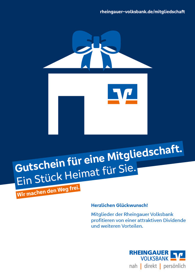 Weißes Haus mit Schleife auf blauem Hintergrund und Text 'Gutschein für eine Mitgliedschaft. Ein Stück Heimat für Sie.'