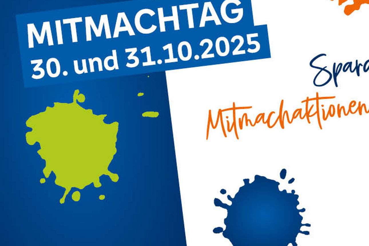 Buntes Plakat mit Farbspritzern und vier Filzstiften in blau, orange und grün