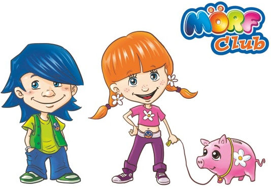 Illustration im Cartoon-Stil vor einem hellblauen Hintergrund mit zwei Kindern, einem Jungen mit blauen Haaren und einem Mädc
