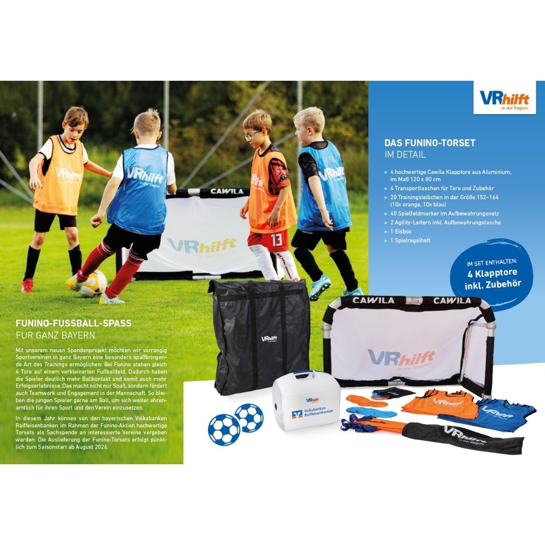 VRhilft Funino-Torset für Bayern: 4 Klapptore, 20 Leibchen, 40 Marker, 2 Leitern, Eisbox & Regeln. Spende bayerischer Volksba