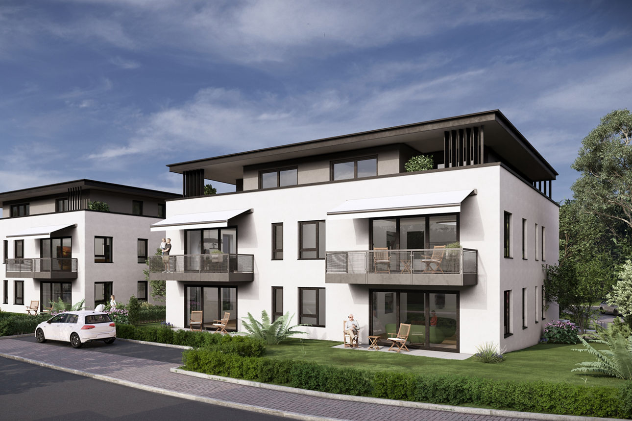 Zwei moderne Wohngebäude mit Balkonen, gepflegter Grünanlage, geparkten Autos und ruhiger Straße bei sonnigem Wetter.