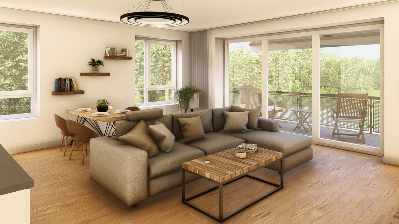 Helles Wohnzimmer mit großem Sofa, Esstisch und Zugang zu einem begrünten Balkon durch breite Glasfront.