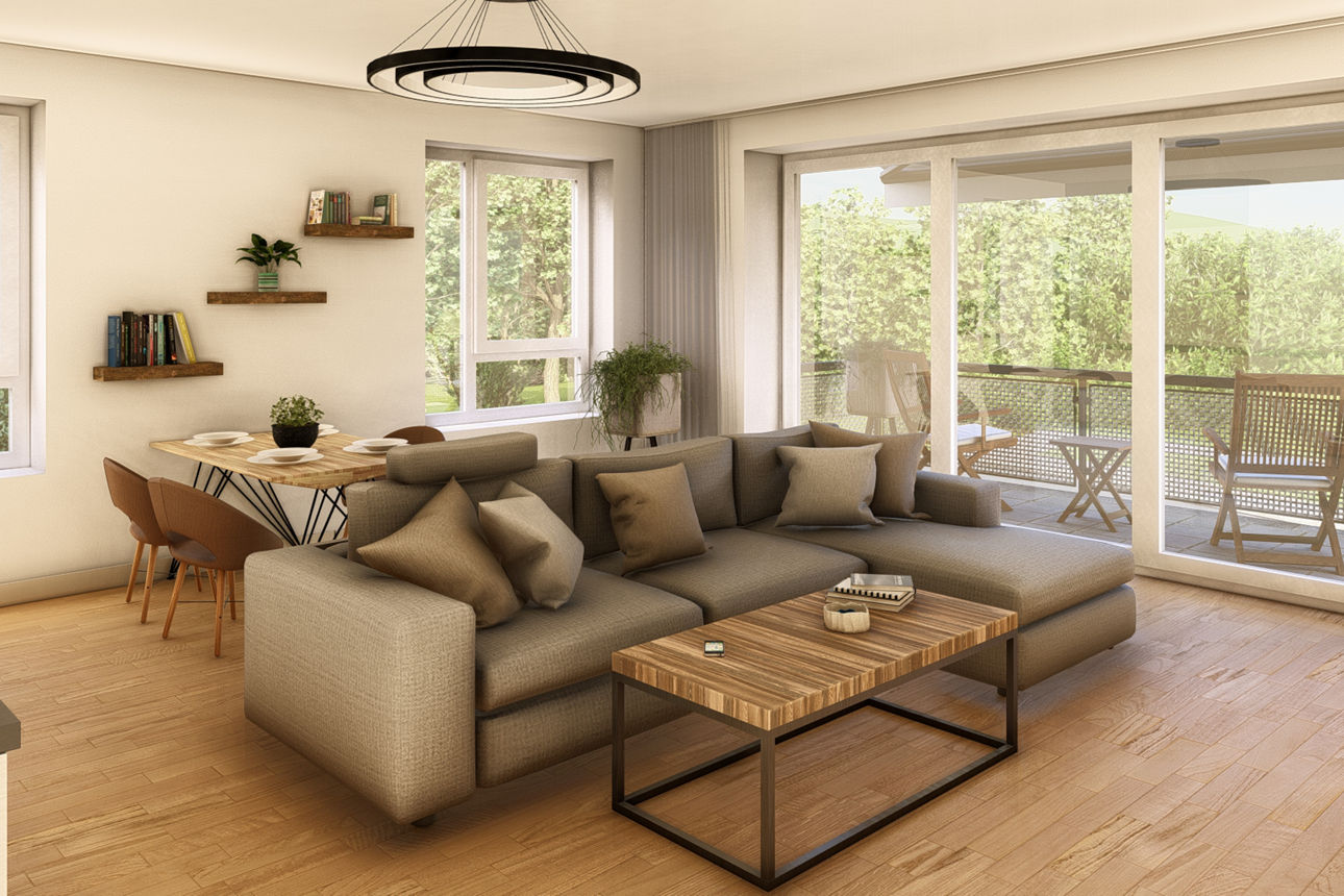 Helles Wohnzimmer mit großem Sofa, Esstisch und Zugang zu einem begrünten Balkon durch breite Glasfront.