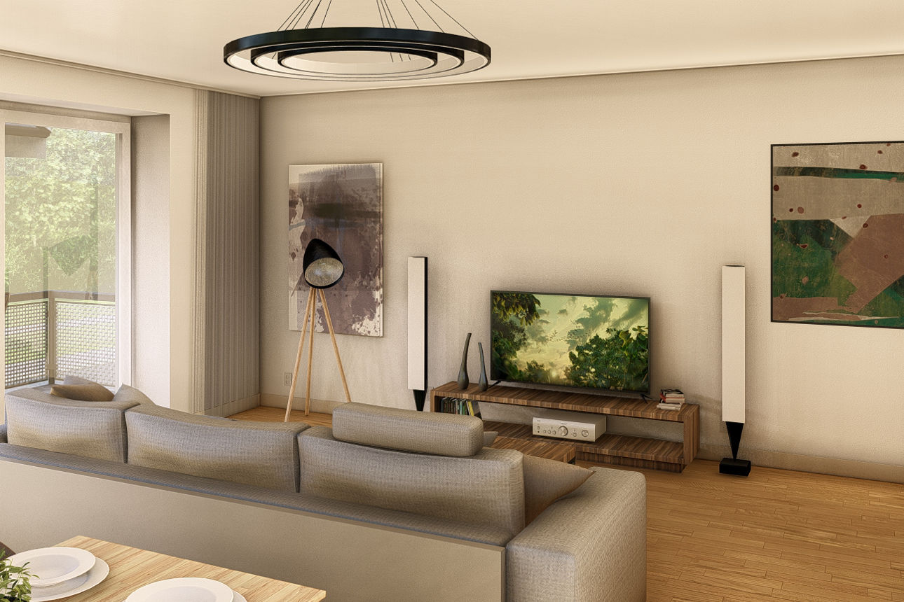 Helles Wohnzimmer mit großem Sofa, TV-Bereich, Esstisch und Zugang zu einem Balkon mit Blick ins Grüne.