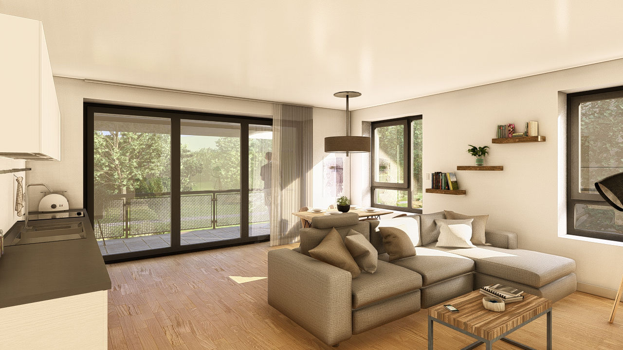 Offener Wohnbereich mit Sitzecke, Esstisch und moderner Küche.