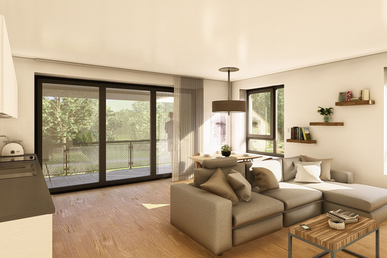 Helles Wohnzimmer mit Ecksofa, Esstisch, offener Küche und großflächigen Fenstern mit Blick auf einen Balkon im Grünen.