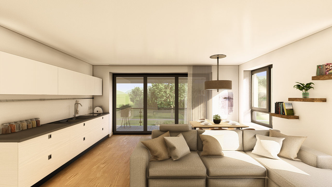 Offener Wohn- und Essbereich mit Sitzecke, Esstisch und moderner Küche.