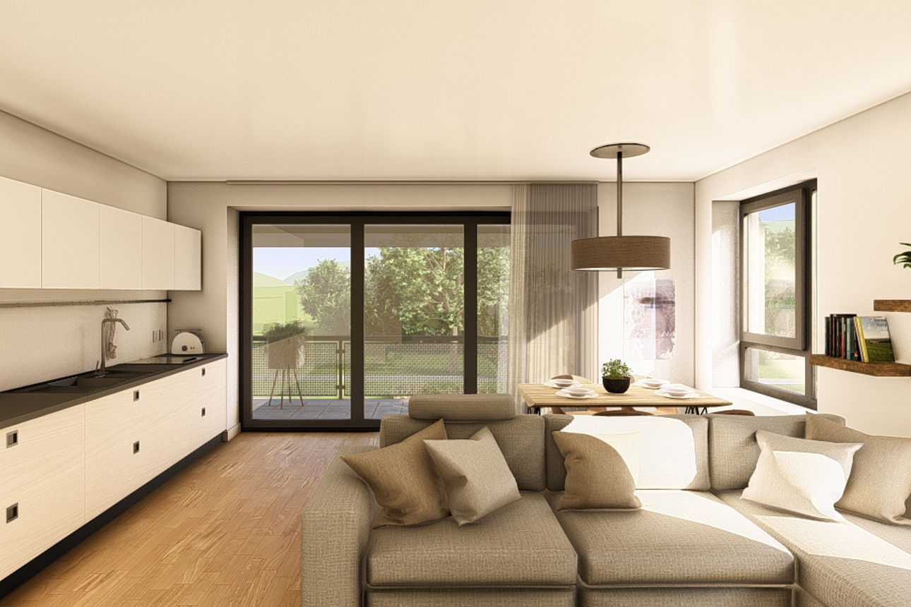 Heller Wohnraum mit Ecksofa, Essbereich, großer Fensterfront und moderner Küchenzeile mit Blick auf den Balkon und viel Grün.