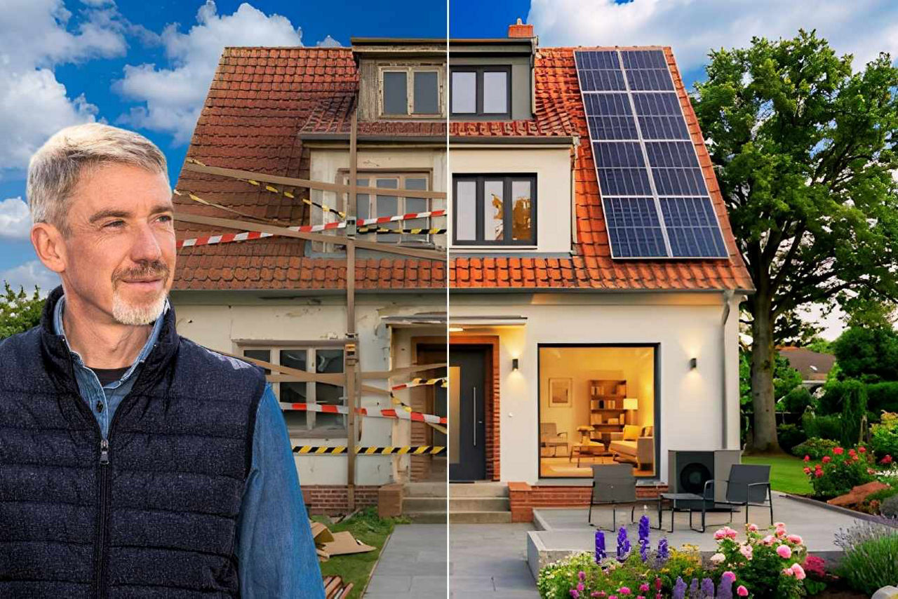 Mann steht vor Haus. Das besteht aus einer renovierungsbedürftigen Hälfte und aus einer modernisierten Hälfte