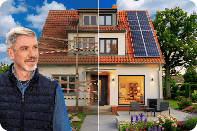 Mann steht vor Haus. Das besteht aus einer renovierungsbedürftigen Hälfte und aus einer modernisierten Hälfte