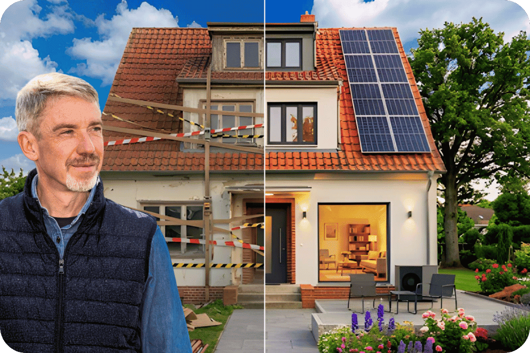 Mann steht vor Haus. Das besteht aus einer renovierungsbedürftigen Hälfte und aus einer modernisierten Hälfte
