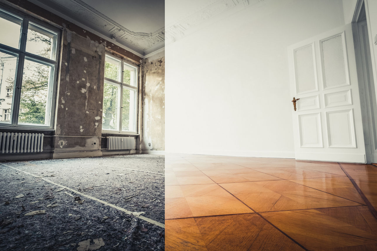 flat renovation, empty room before and after refurbishment or restoration