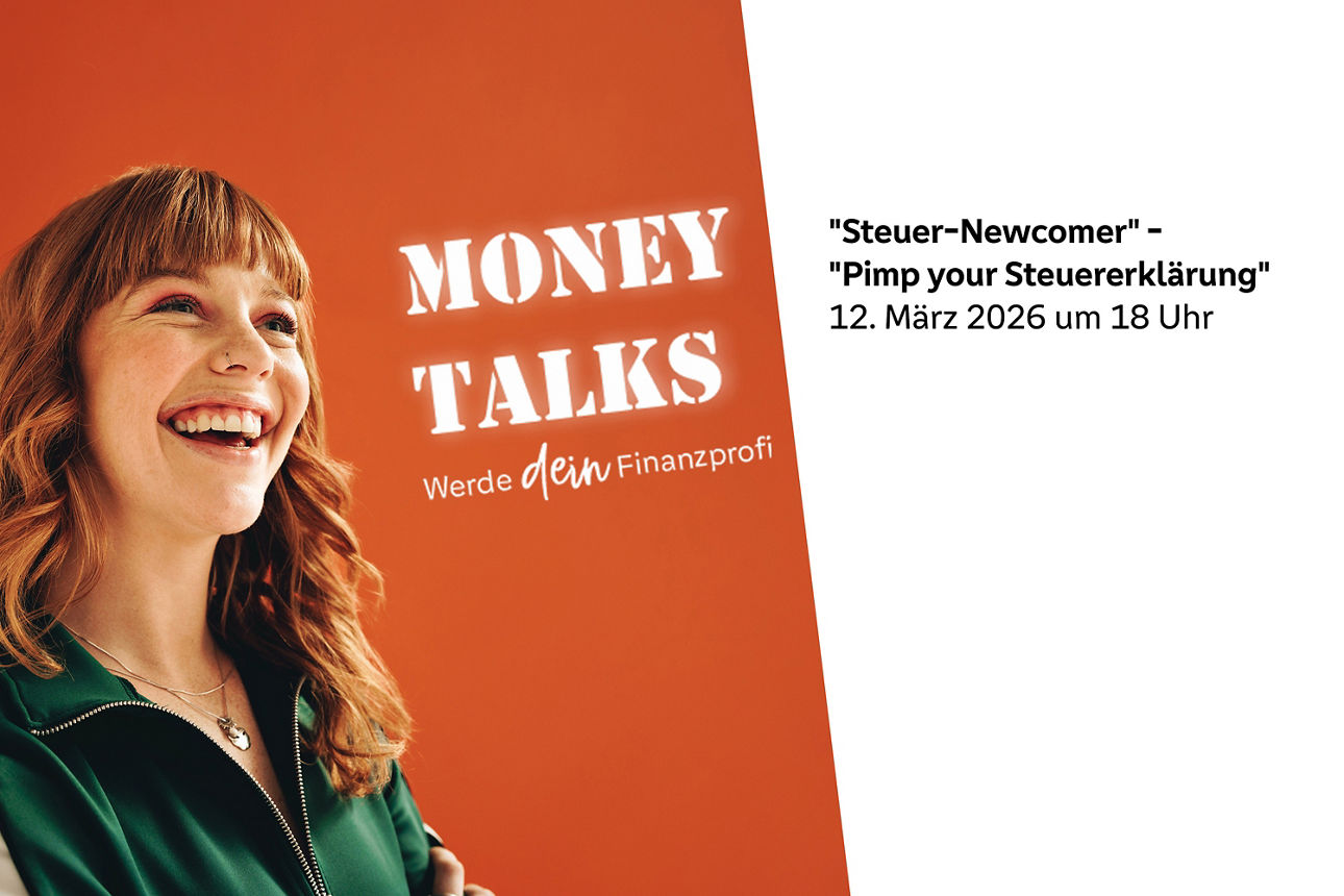 Bild mit dem Schriftzug Money Talks und einer lächelnden Frau vor orangenem Hintergrund.