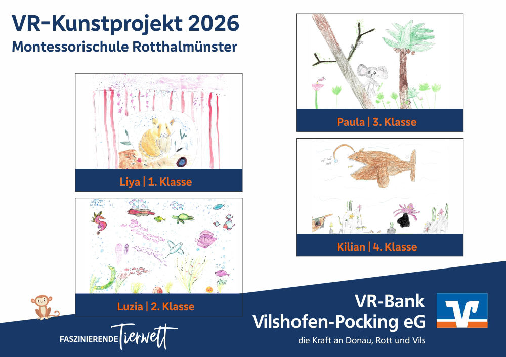Die vier Gewinnerbilder VR-Kunstprojekt 2026, Montessorischule Rotthalmünster: Hamster, Koala, Unterwasserwelt, Antennenfisch.