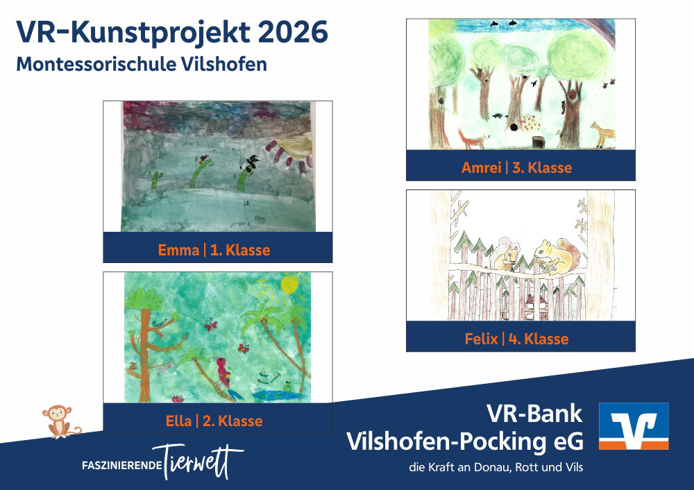 Die vier Gewinnerbilder VR-Kunstprojekt 2026, Montessorischule Vilshofen: Panda, Wald-Szene, Tropen-Szene, Eichhörnchen.