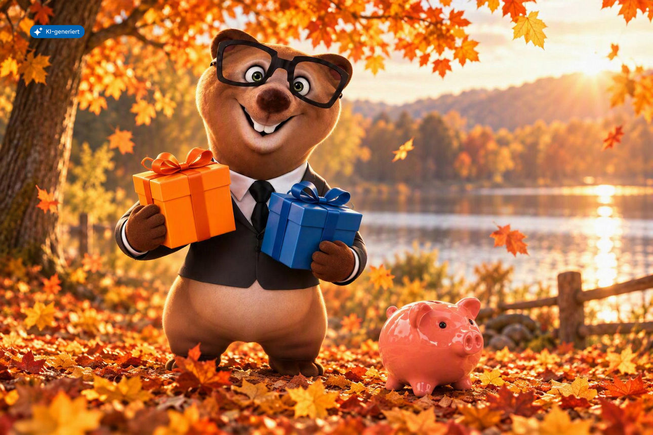 Weltspar-Maskottchen mit zwei Geschenken und Sparschwein in einer herbstlichen Landschaft am See.