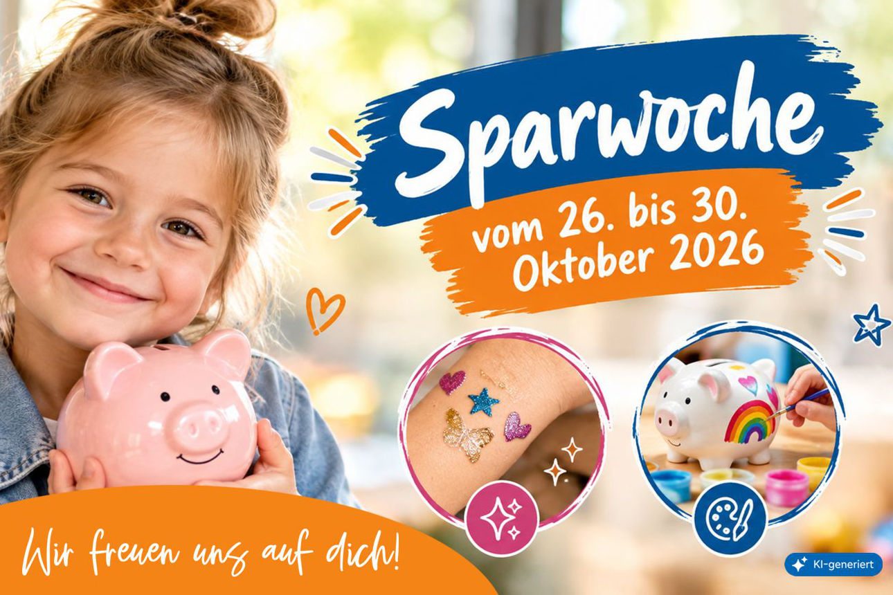 Mädchen mit Sparschwein - Sparwoche vom 26. bis 30. Oktober 2026 mit Glitzertatoos und kreativem Sparschwein-Bemalen.