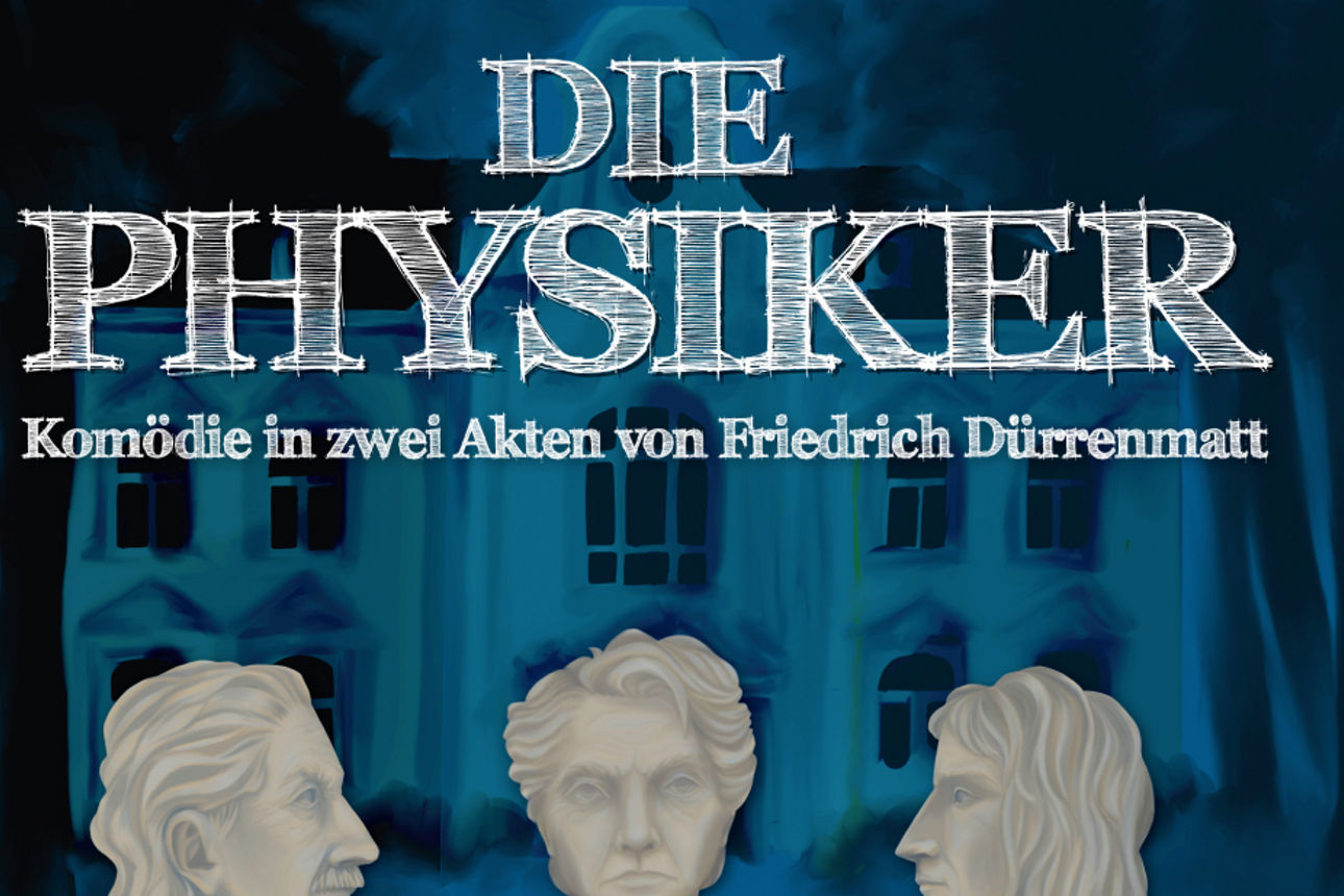 Plakat "Die Physiker" Freilichtbühne Lilienthal mit drei weißen Büsten 