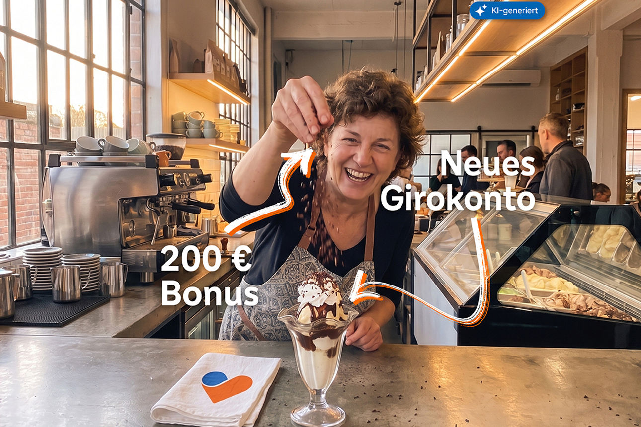 Eine fröhliche Frau garniert einen Eisbecher - Mit KI generiert