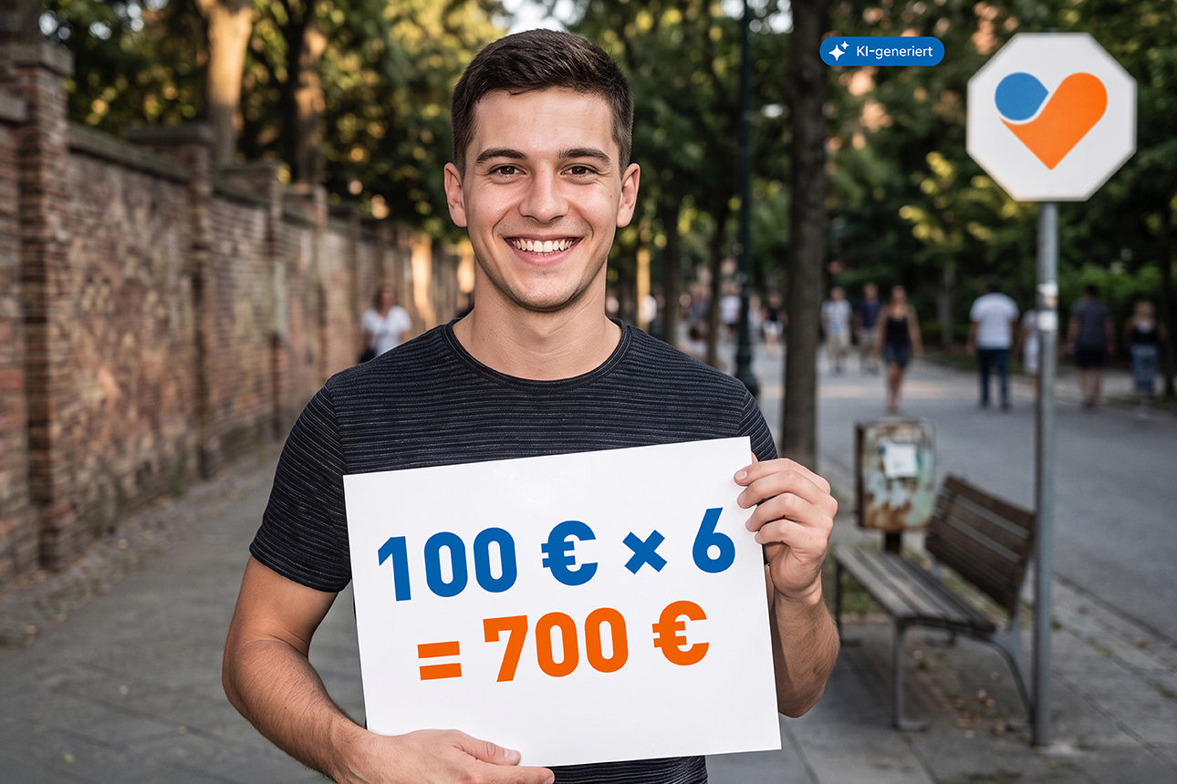 Ein fröhlicher junger Mann hält ein Schild mit der Aufschrift 100 € mal 6 gleich 700 € in den Händen - mit KI generiert