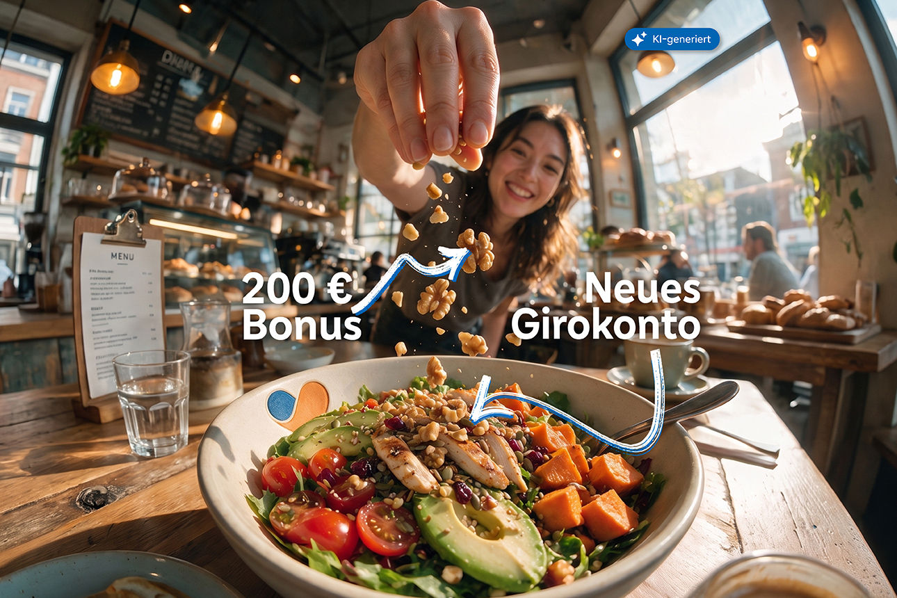 Eine fröhliche Frau garniert eine Bowl mit Nüssen - Mit KI generiert