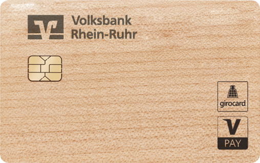 Holzkarte mit dem Volksbank Rhein Ruhr Logo 