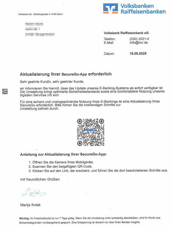 Beispiel eines gefälschten Briefes
